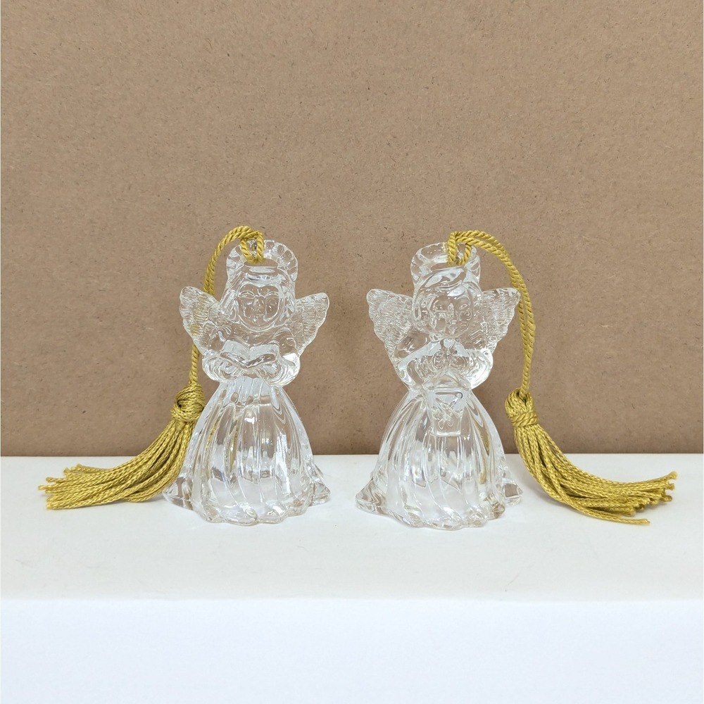Gorham CRYSTAL ANGELS Set of 2 Ornaments Gold Tasseled Holding Book & Lantern
